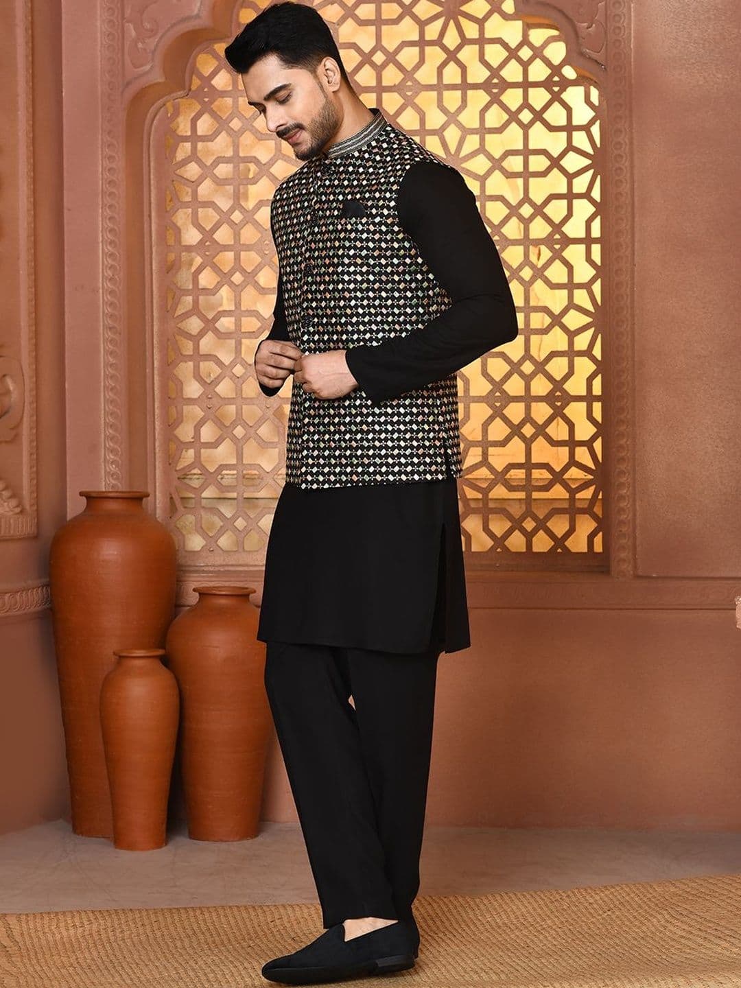 WANAS Jacquard Mandarin Collar Nehru Jacket - view 1