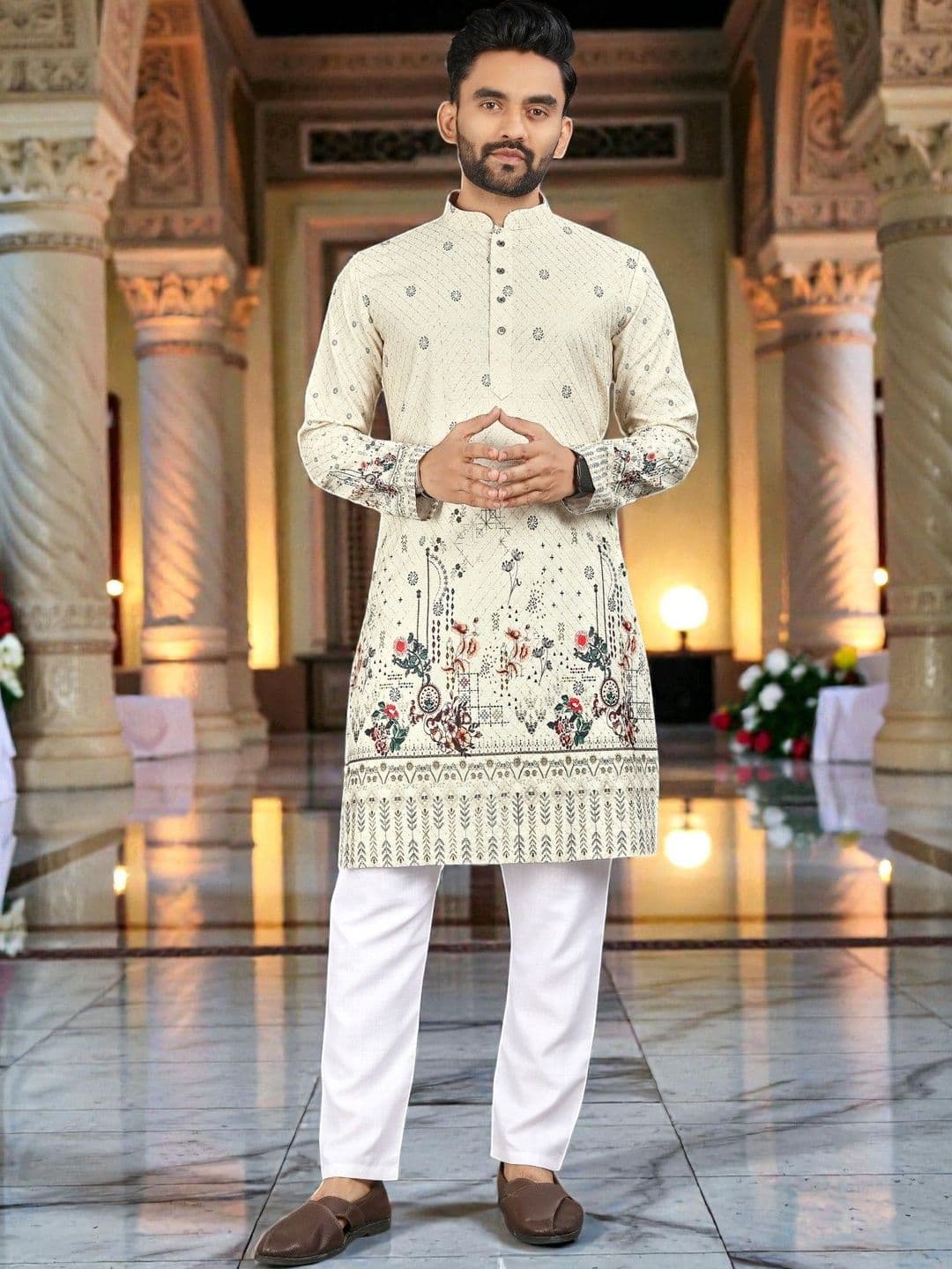 WELL TEX Men Ethnic Motifs Printed Thread Work Kurta - view 1
