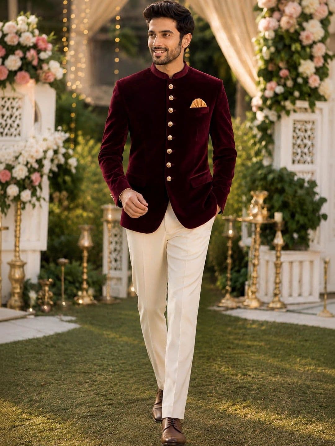 House of Pataudi Self Design Mandarin Collar Jodhpuri Ethnic Blazers - view 1