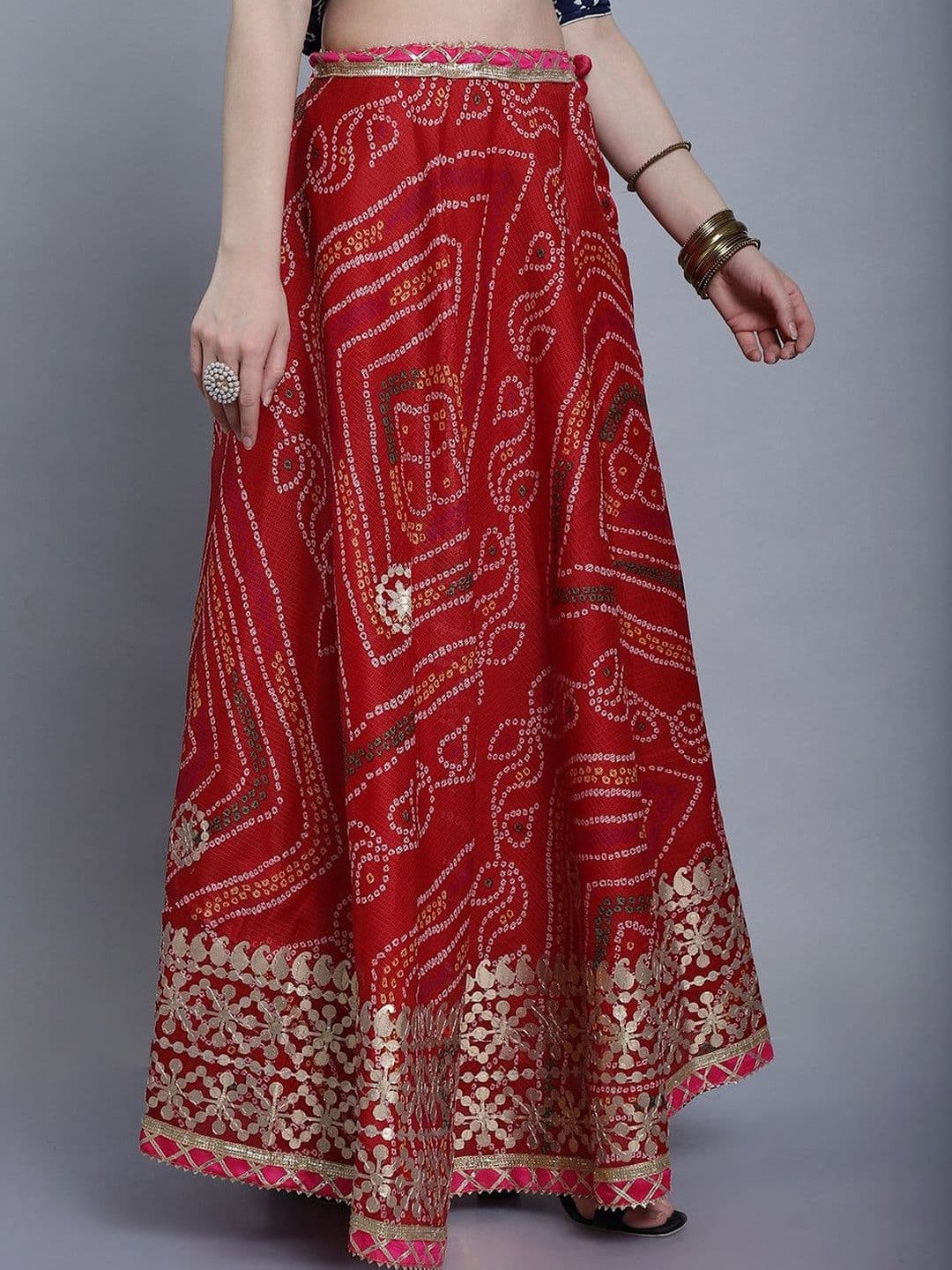 SOUNDARYA Cotton Printed Kota Doriya Hand Gota Patti Flared Maxi Skirt - view 1