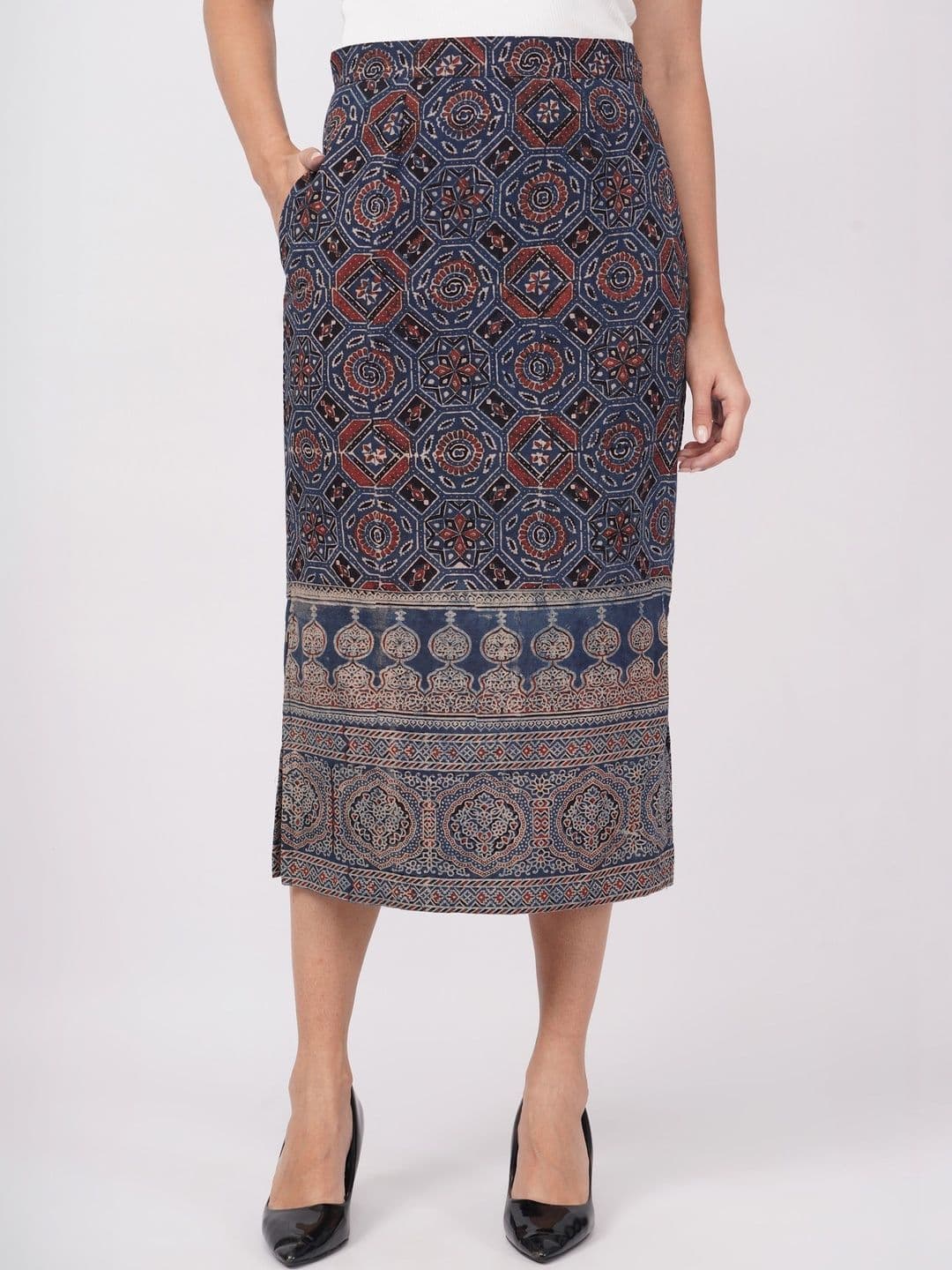NAVSYAA Women Pure Cotton Paisley Side Slit Midi Straight Skirt - view 1