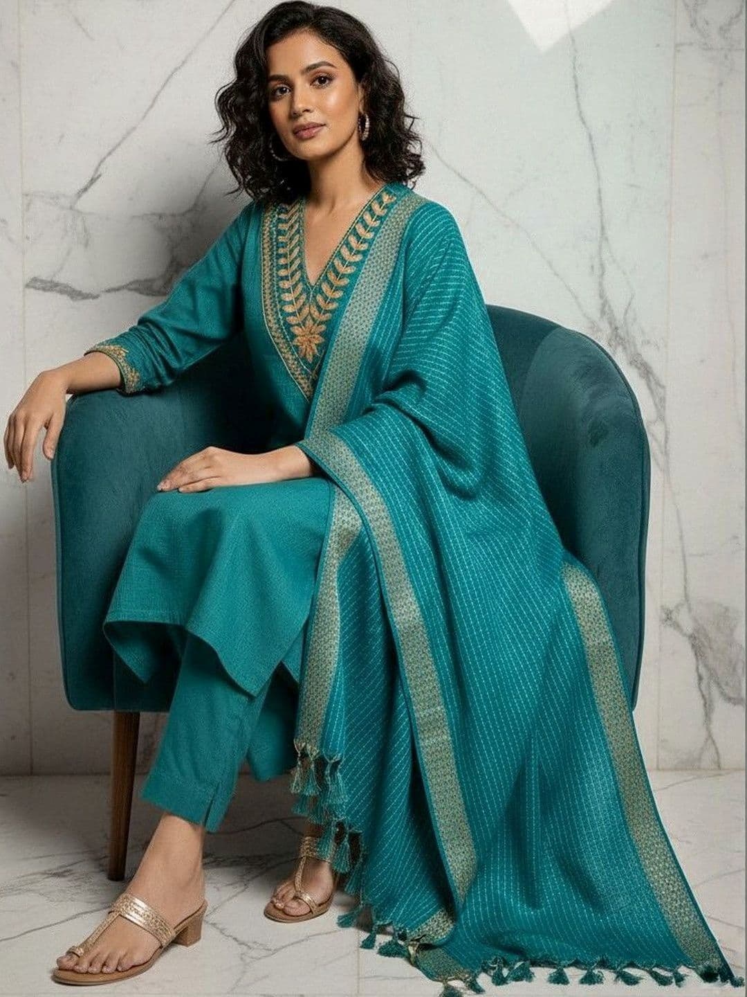 BILANZA Women Ethnic Motifs Embroidered Regular Thread Work Kurta with Trousers & With Dupatta - view 1