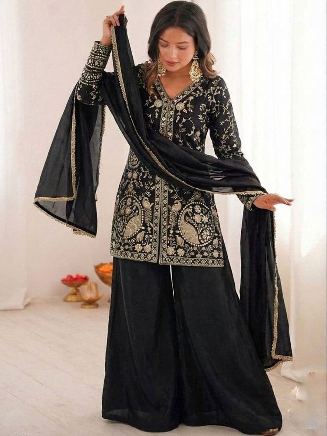 Jogmaya Fashion Women Embroidered Short Kurta With Palazzo & Dupatta - view 1