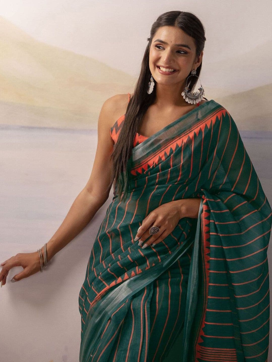 Sangria Geometric Printed Pure Linen Ready to Wear Saree with Blouse Piece - view 1