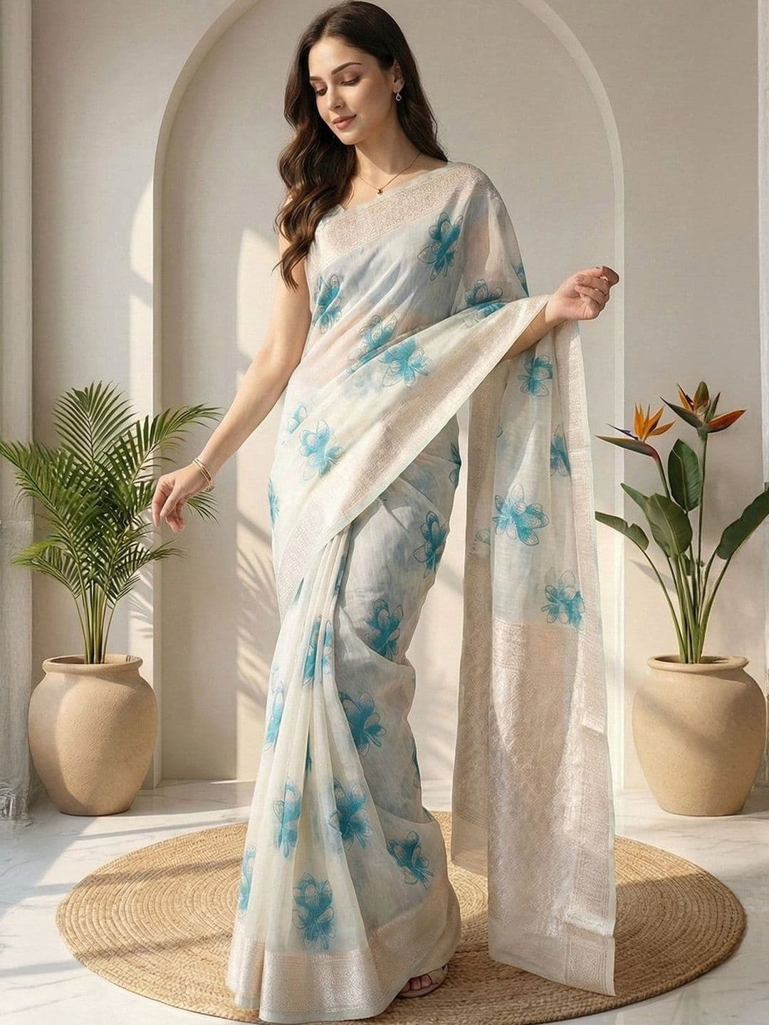 Mitera Floral Pure Cotton Handloom Banarasi Saree - view 1