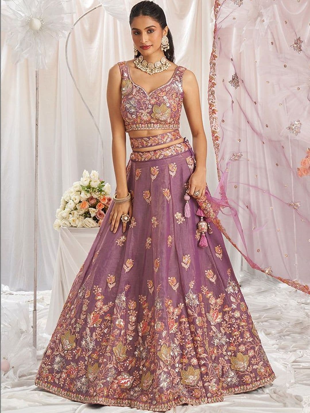 House of Pataudi Embroidered Sequinned Semi-Stitched Lehenga & Blouse With Dupatta - view 1