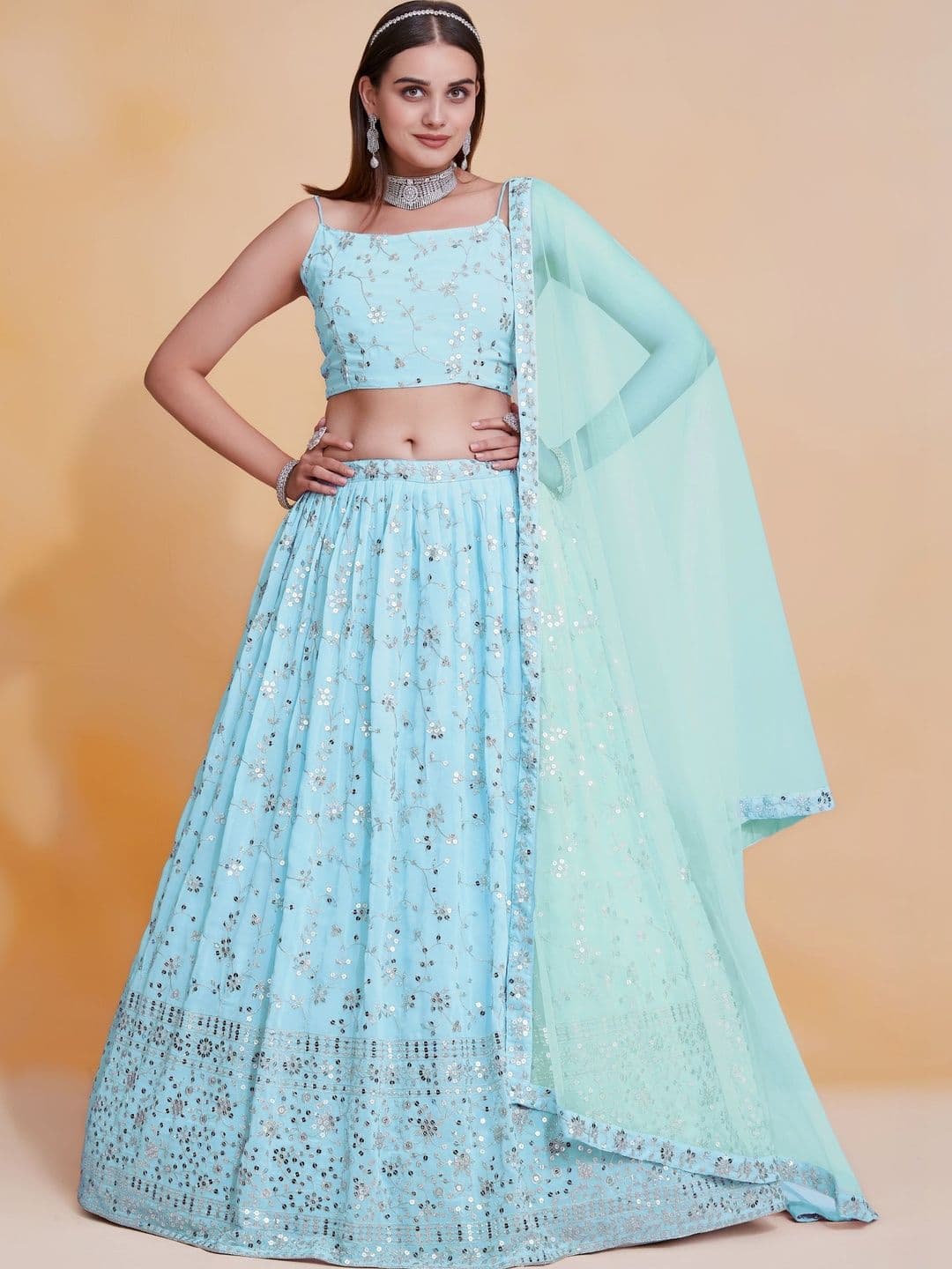 House of Pataudi Embellished Sequinned Semi-Stitched Lehenga & Blouse With Dupatta - view 1