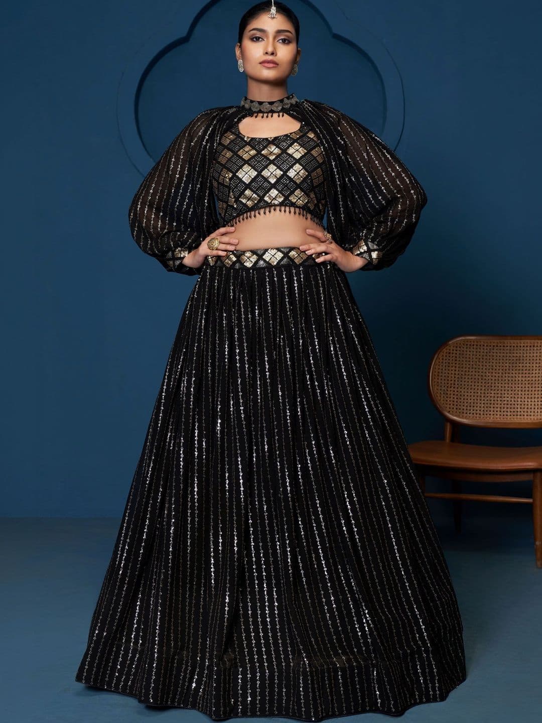 House of Pataudi Embellished Sequinned Lehenga & Choli With Unstiched Choker Sleeve - view 1