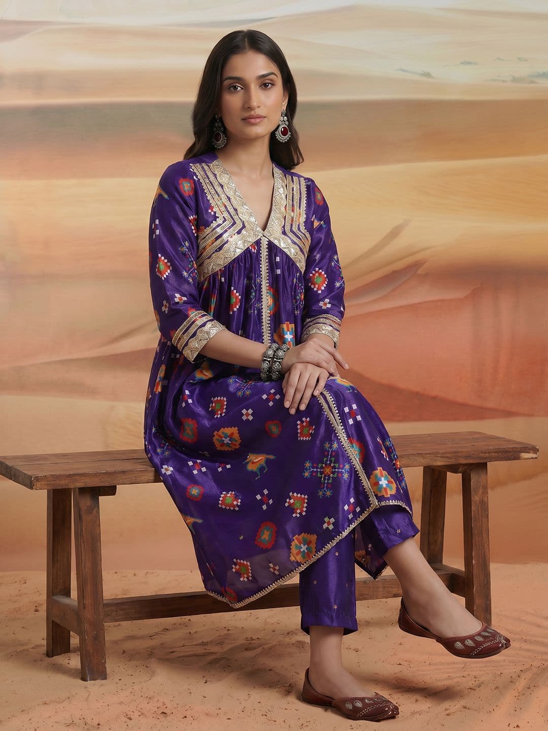 Sangria Ethnic Motifs Printed Empire Sequinned Kurta with Trousers - view 1