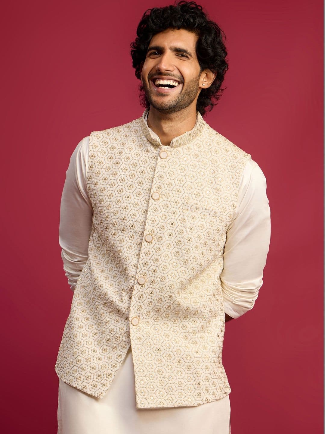 VASTRAMAY Floral Embroidered Woven Nehru Jacket - view 1
