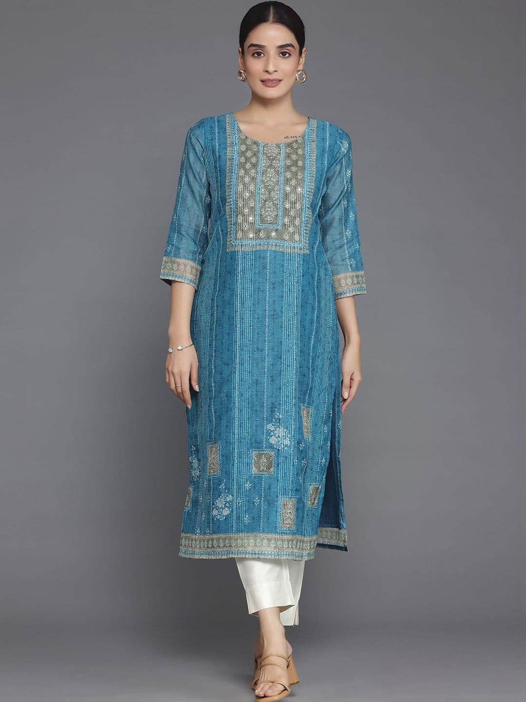 Gerua By Libas Women Ethnic Motifs Printed Thread Work Indie Prints Chanderi Silk Kurta - view 1
