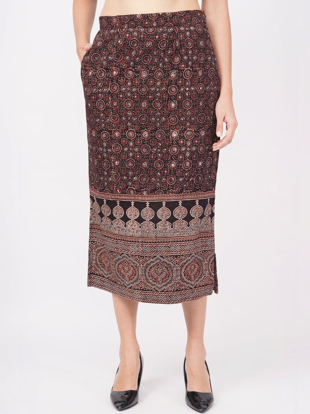 NAVSYAA Women Pure Cotton Floral Side Slit Midi Straight Skirt - view 1