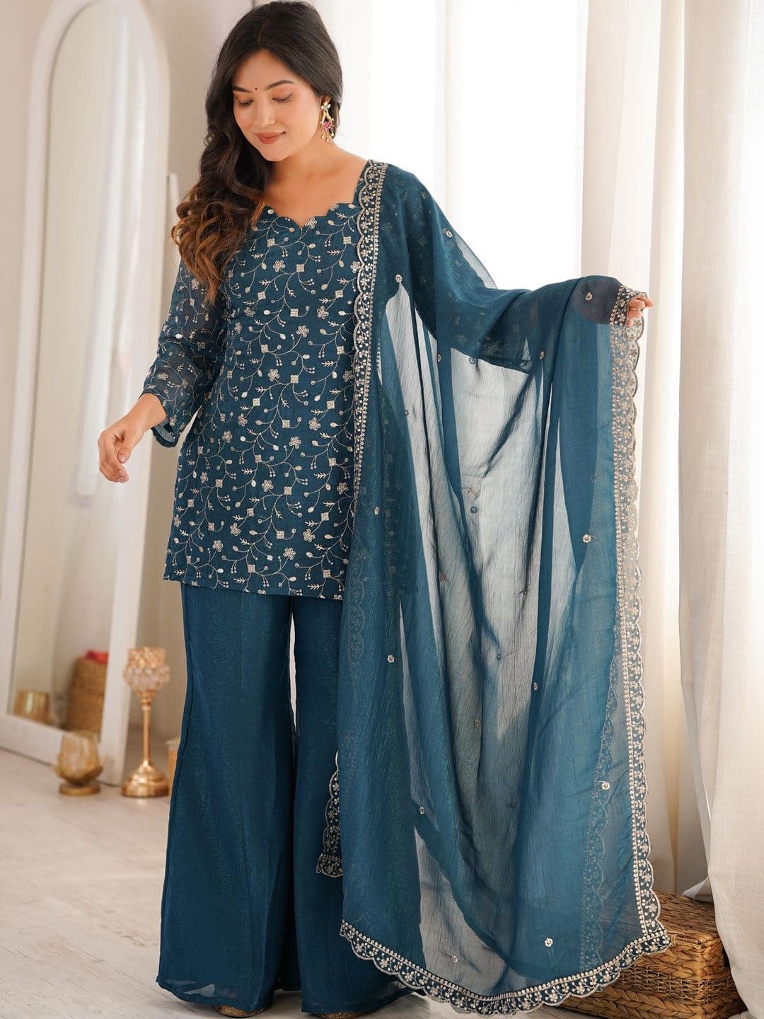 SAJAVAT ETHENIC WEAR Women Ethnic Motifs Embroidered Regular Thread Work Kurta with Palazzos & With Dupatta - view 1