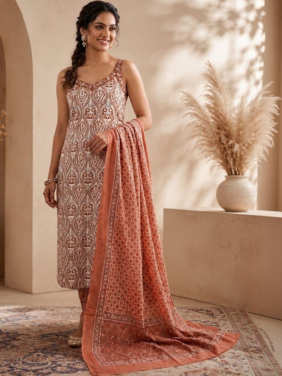Sangria Women Ethnic Motifs Printed Regular Pure Cotton Kurta with Trousers & With Dupatta - view 1