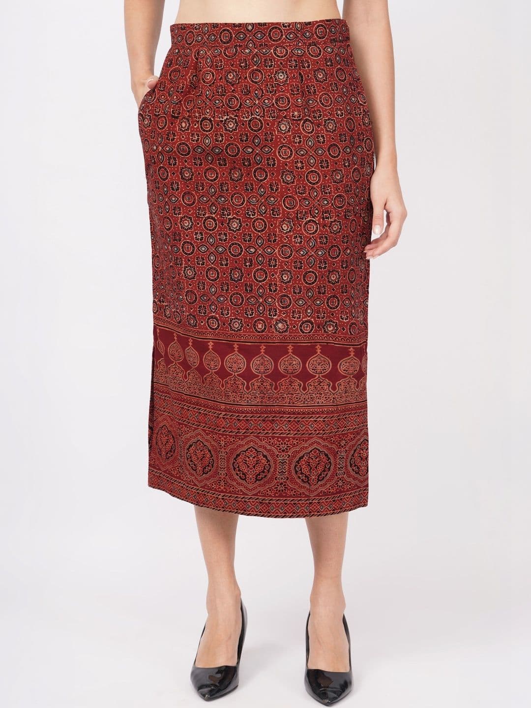 NAVSYAA Women Pure Cotton Side Slit Midi Straight Skirt - view 1