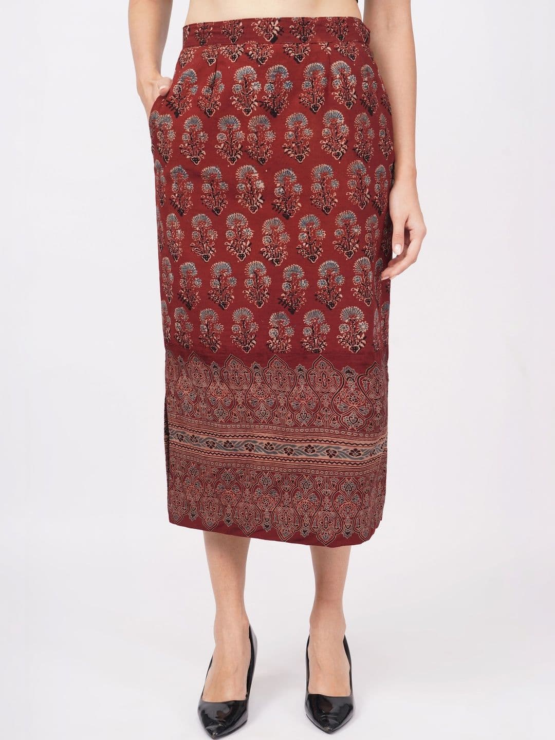 NAVSYAA Women Pure Cotton Floral Side Slit Midi Straight Skirt - view 1