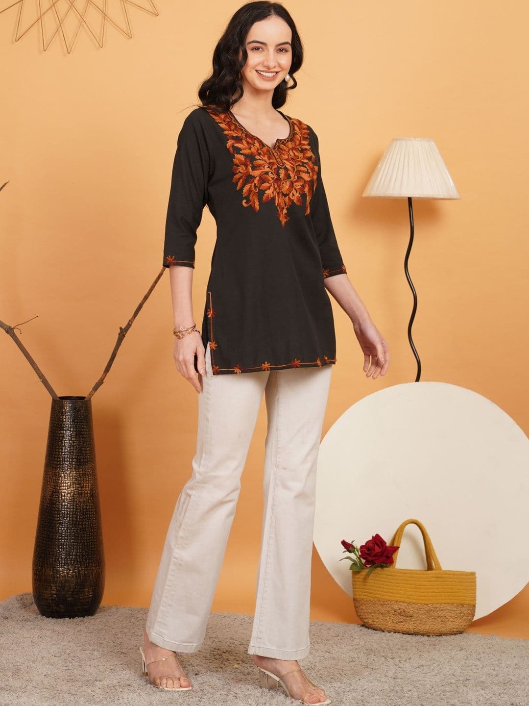 Sangria Botanical Embroidered V-Neck Thread Work Pure Cotton Blend Thread Work Kurti - view 1