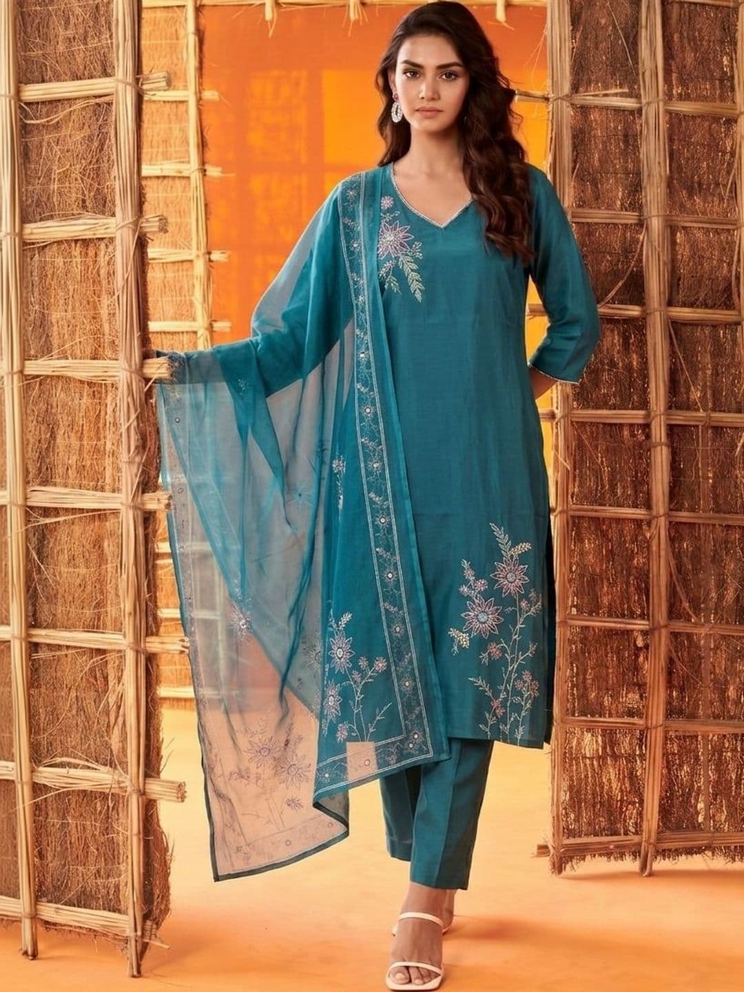 Sangria Women Floral Embroidered Regular Thread Work Pure Cotton Kurta with Trousers & With Dupatta - view 1