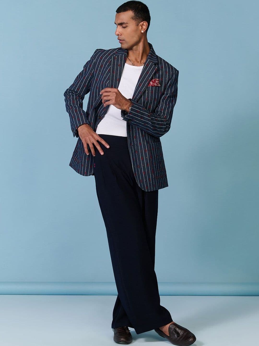 S&N by Shantnu Nikhil Men Striped Tailored Jacket with Embroidered - view 1