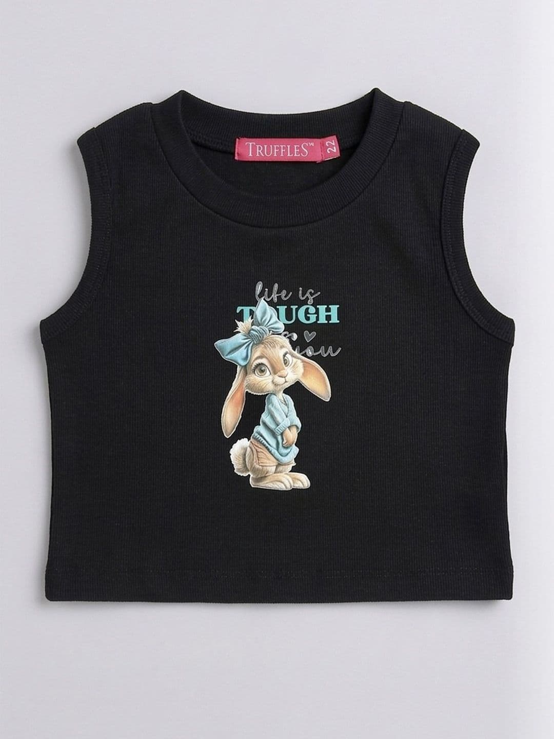 TRUFFLES Girls Black 'life Is Tough' Bunny Graphic Print Ribbed Crop Tops - view 1
