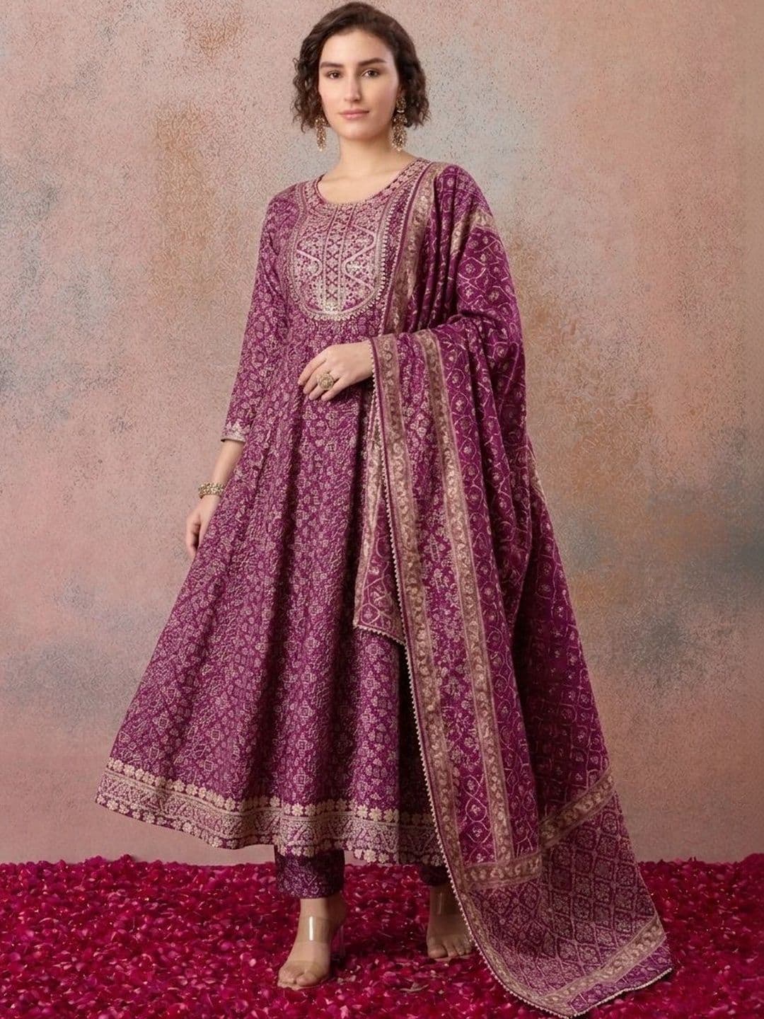 House of Pataudi Festive Bandhani Embroidered Anarkali Kurta With Trousers & Dupatta - view 1