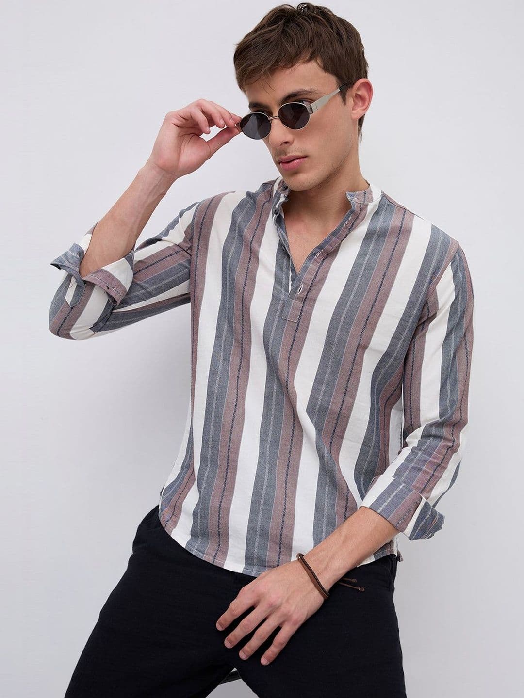 VASTRADO Refined White & Grey Broad Striped Kurta - view 1