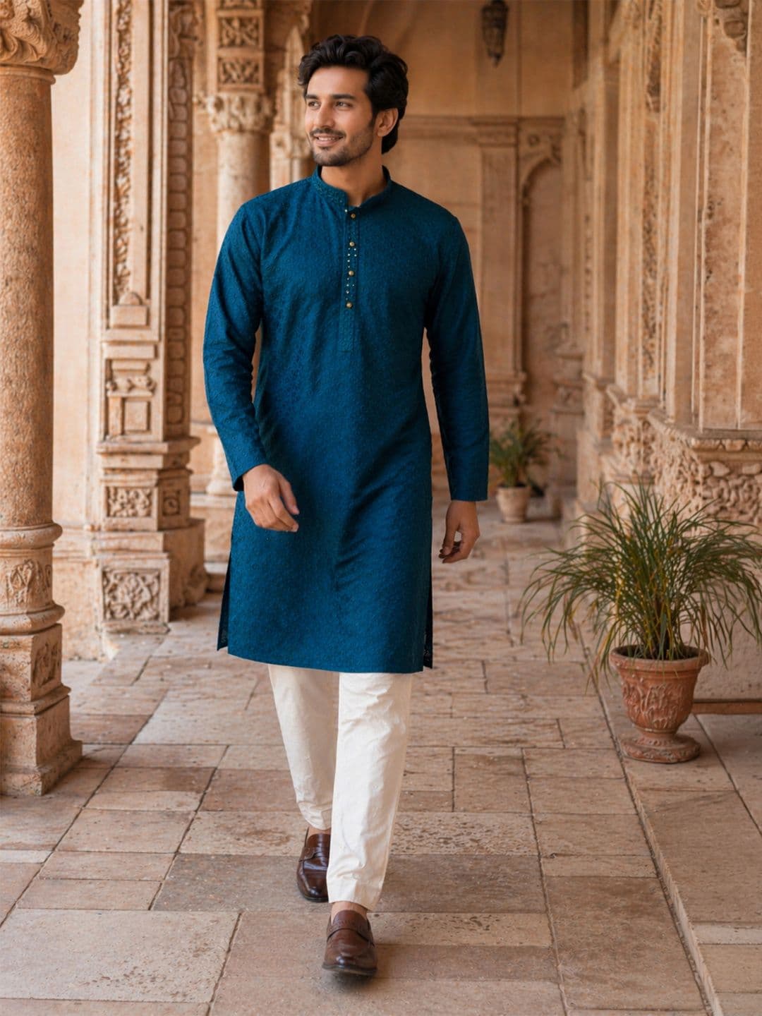 House of Pataudi Ethnic Motifs Embroidered Sequinned Detail Mandarin Collar Straight Kurta