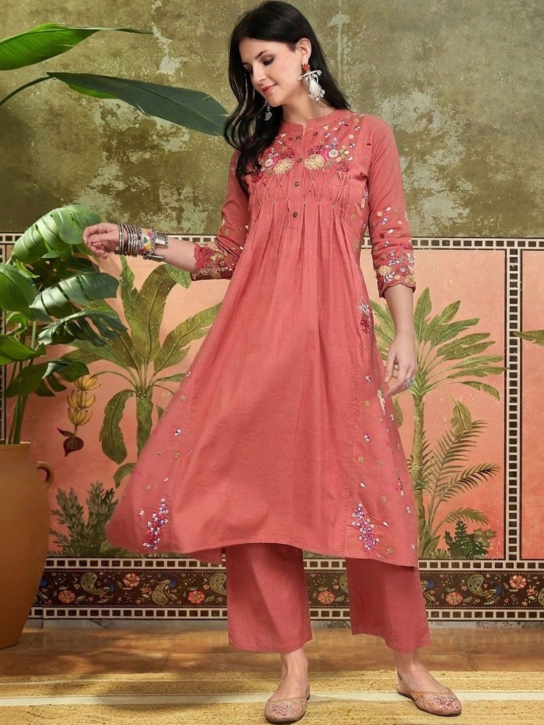 Sangria Embroidered Pure Cotton Mandarin Collar Kurta & Trousers - view 1