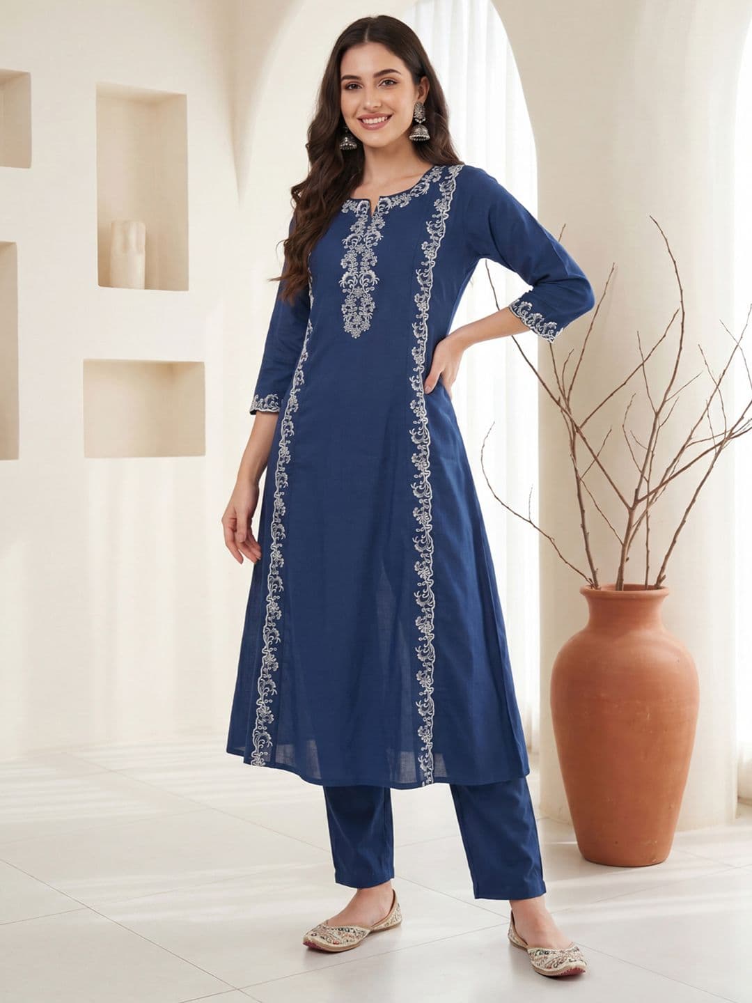 Indo Era Embroidered Round Neck Pure Cotton Kurta With Trousers - view 1