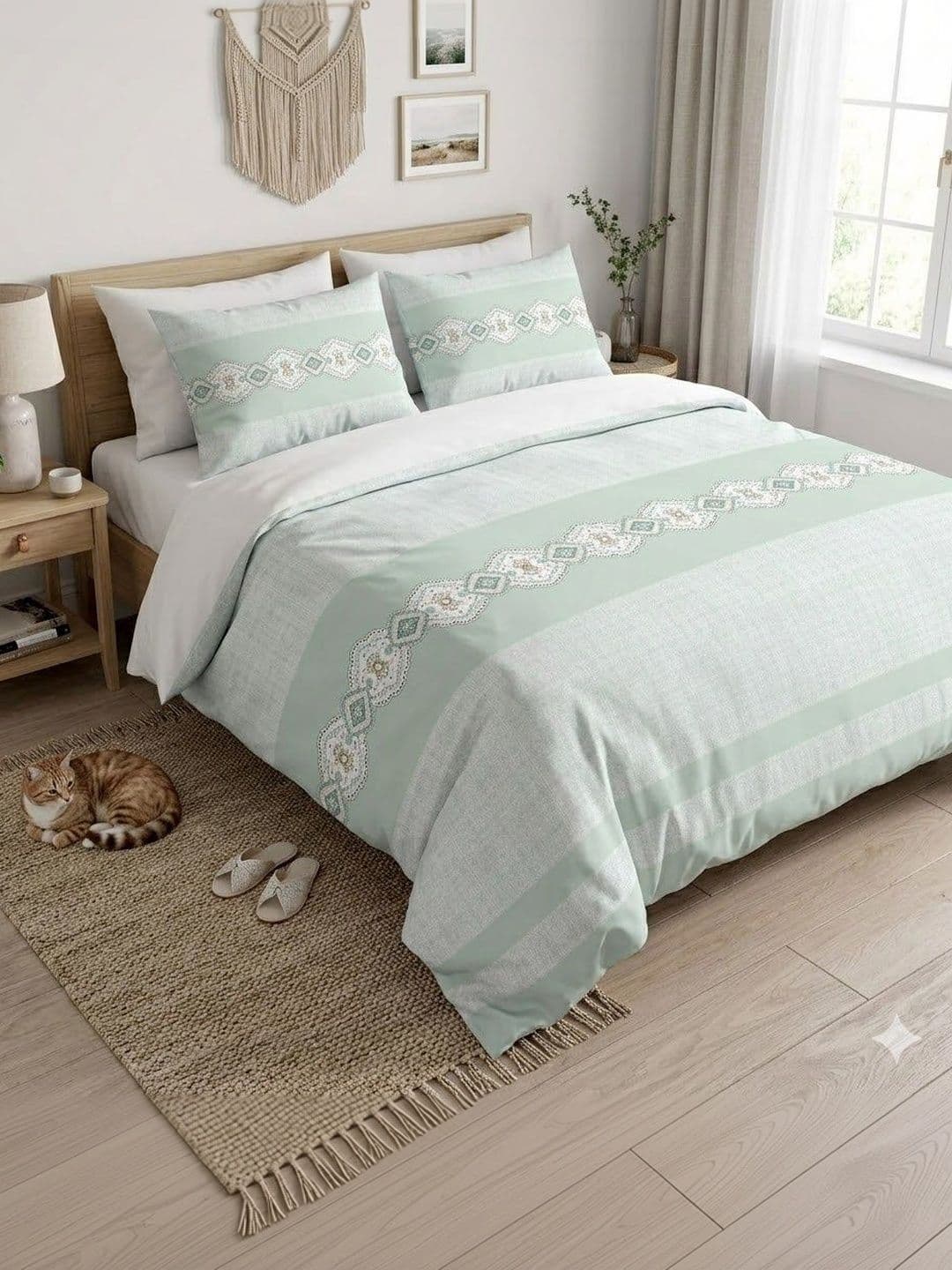 Sangria Green Geometric 160 TC King Bedsheet with 2 Pillow Covers - view 1