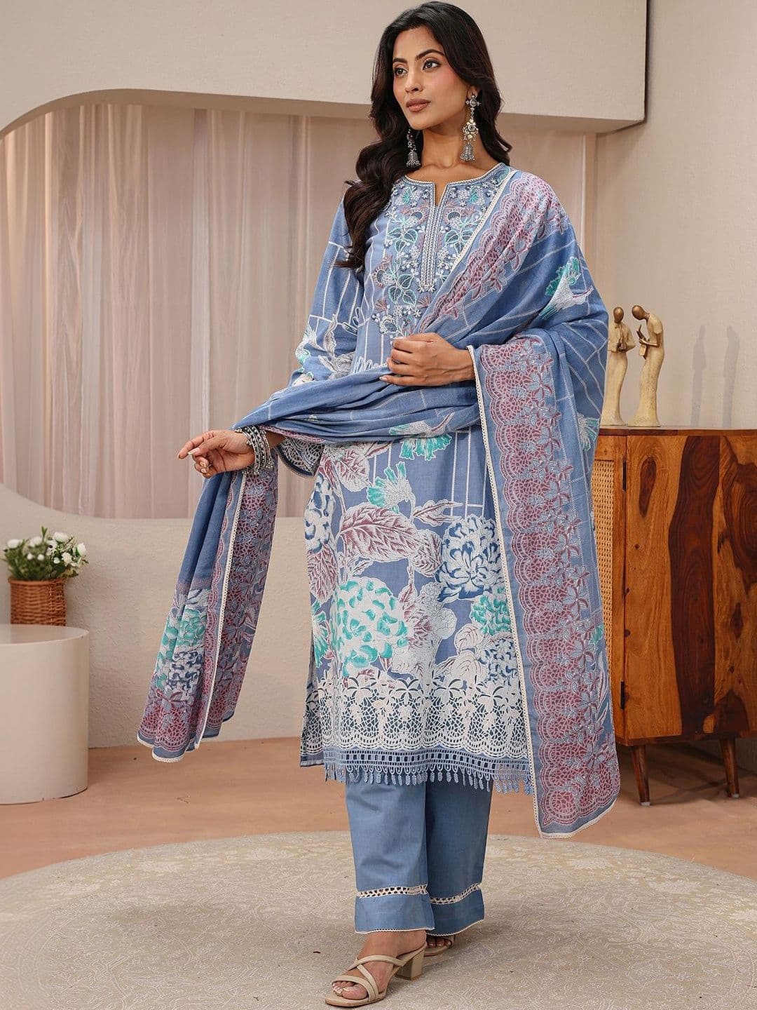 Libas Blue Floral Printed Cotton Straight Suit Set - view 1