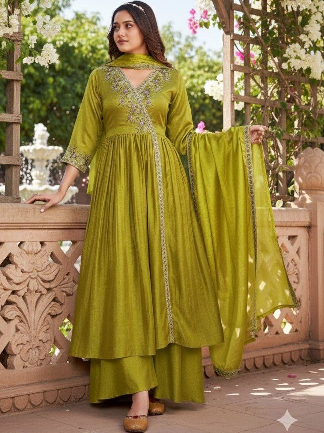 KALINI Women Ethnic Motifs Embroidered Angrakha Thread Work Silk Chiffon Kurta with Palazzos & With Dupatta - view 1