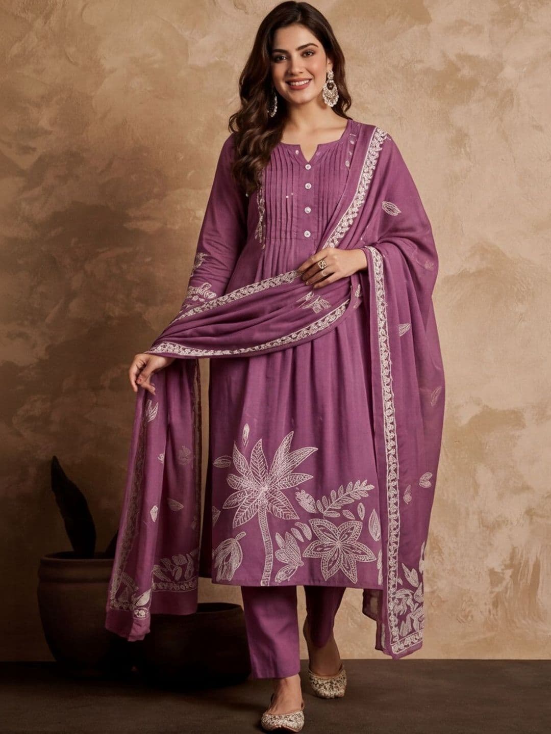Anouk Women Ethnic Motifs Embroidered Pleated Thread Work Pure Cotton Kurta with Trousers & With Dupatta - view 1