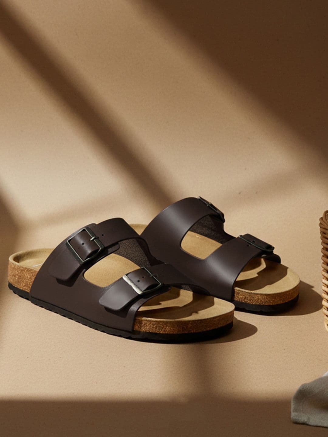 Yoho Men Two Strap Buckle Leather Slides Sandals with Cork Footbed for Daily Wear- SDL 119 - view 1