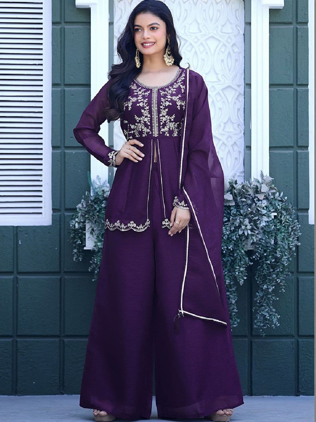 AADVIKA Women Ethnic Motifs Embroidered Regular Thread Work Kurta with Palazzos & With Dupatta - view 1