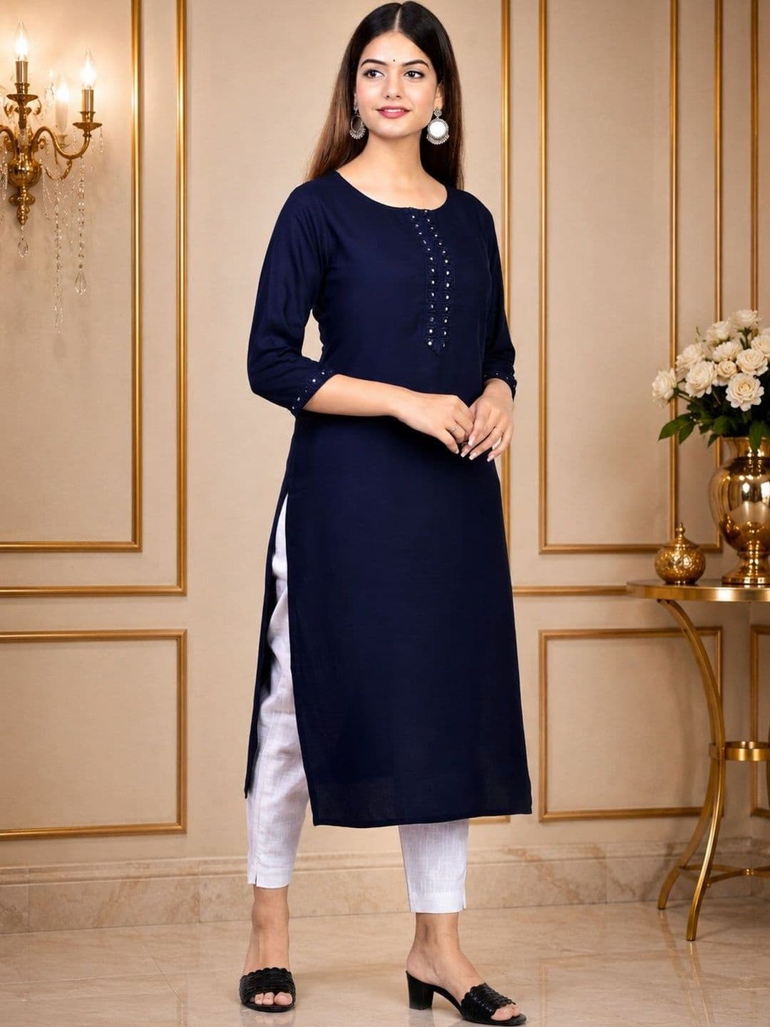 VEDANA Women Navy Blue Thread Work Kurta - view 1