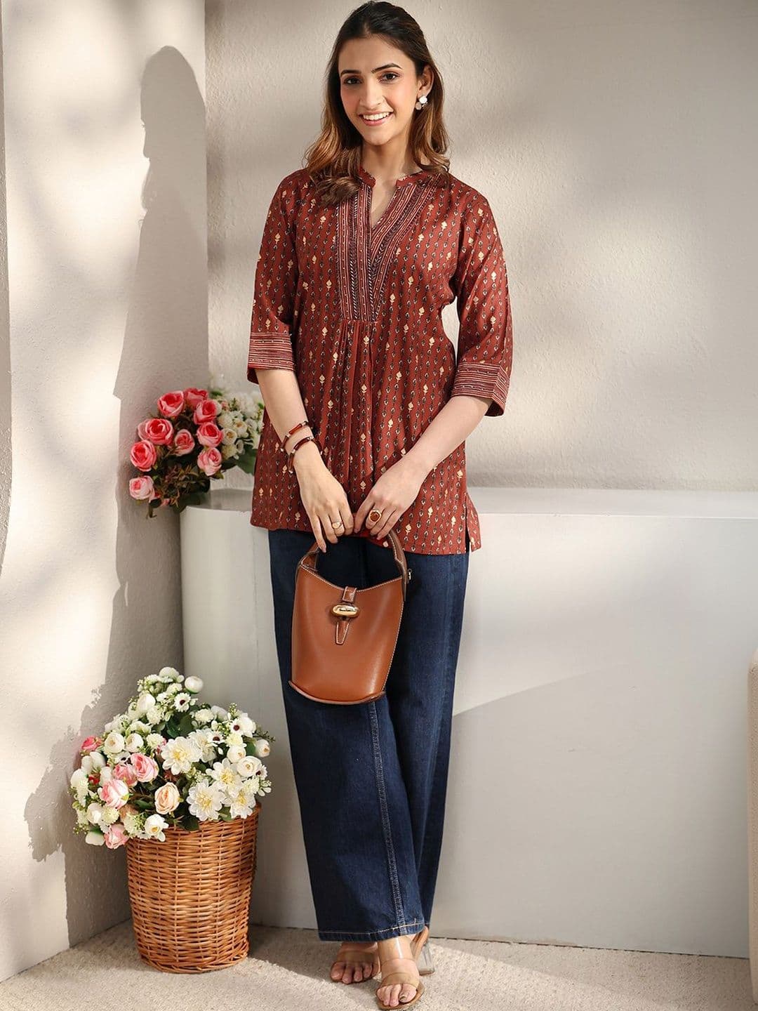 Libas Rust Ethnic Printed Straight Short Kurti - view 1