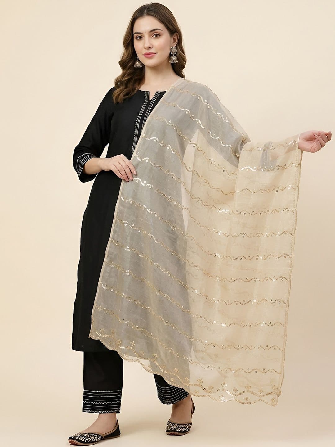 MUFFLY Embroidered Dupatta with Sequinned - view 1