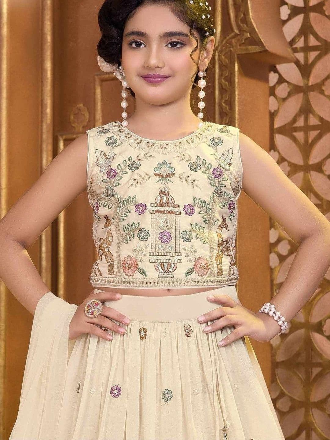 Lagorii Girls Embroidered Thread Work Ready to Wear Lehenga & Blouse With Dupatta - view 1