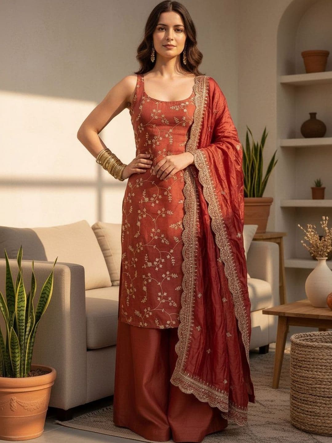 all about you Women Ethnic Motifs Embroidered Regular Thread Work Kurta with Palazzos & With Dupatta - view 1