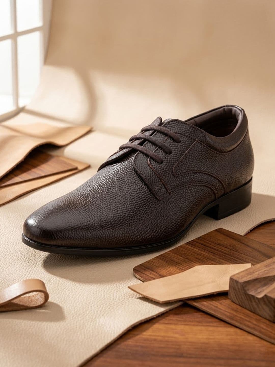 House of Pataudi Men Textured Leather Round Toe Lace-Ups Oxfords Formal Shoes - view 1