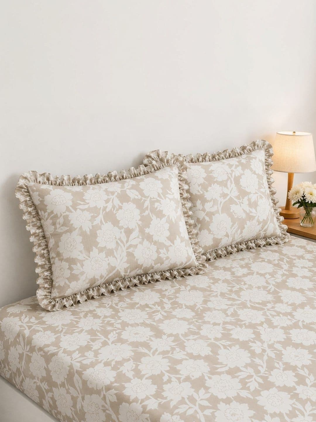 Aura Beige Floral 300 Tc Frilled Fitted Queen Bedsheet With 2 Pillow Covers - view 1