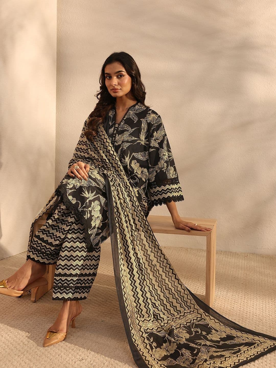 Libas Black Floral Printed Cotton A-Line Suit Set with Dupatta - view 1