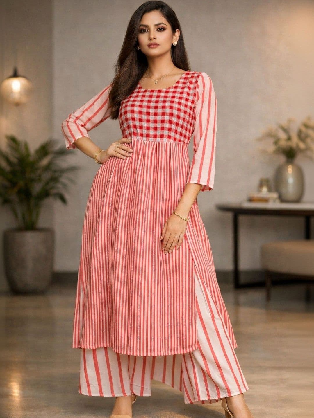 HERE&NOW Women Checked Tiered Kurta with Palazzos - view 1