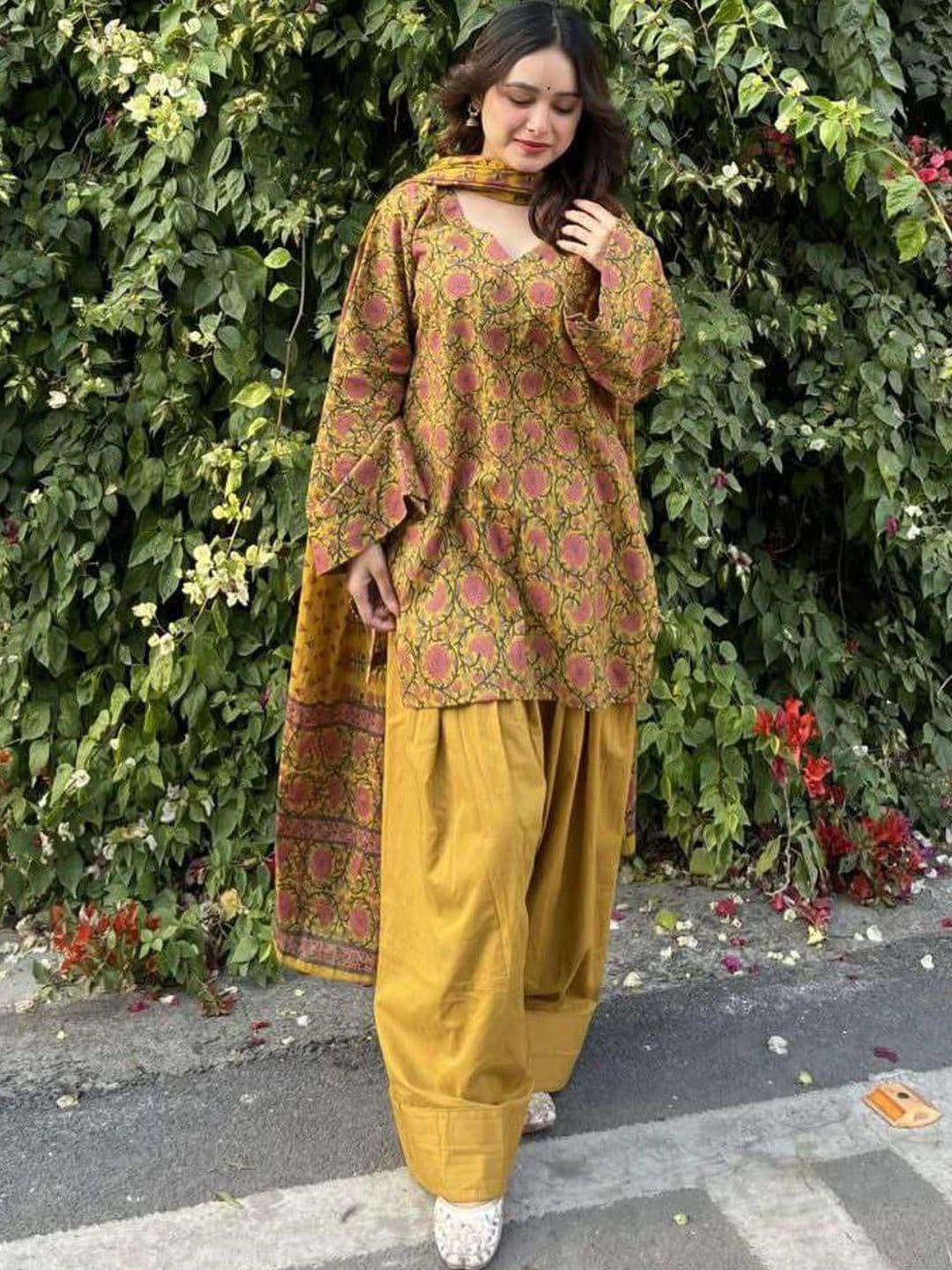 GoSriKi Women's Mustard Cotton Blend Printed Short Kurta With Farshi Salwar & Dupatta Sets - view 1