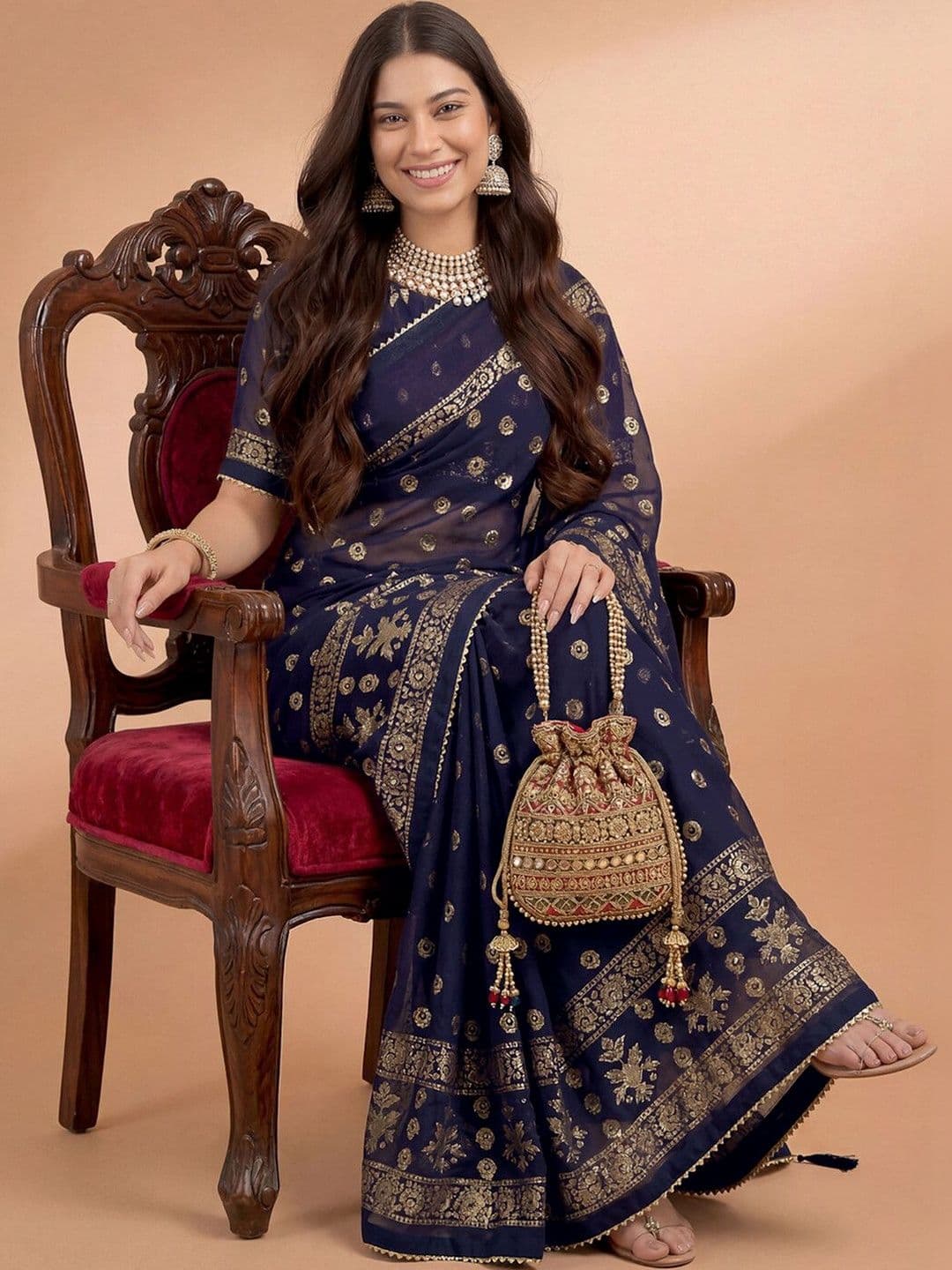 HERE&NOW Ethnic Motifs Zari Pure Georgette Heavy Work Saree - view 1