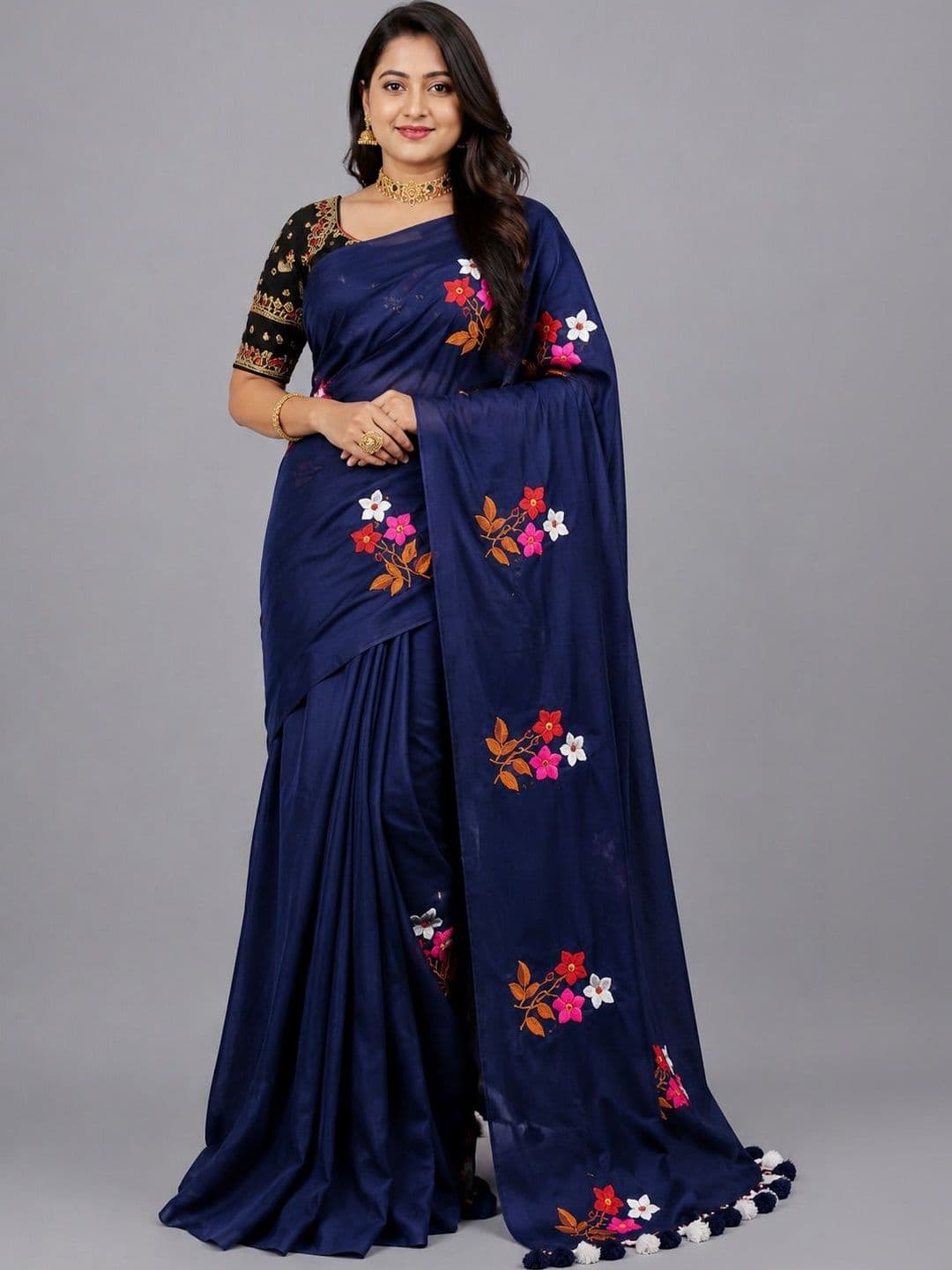 DHRITI Floral Embroidered Pure Cotton Saree - view 1