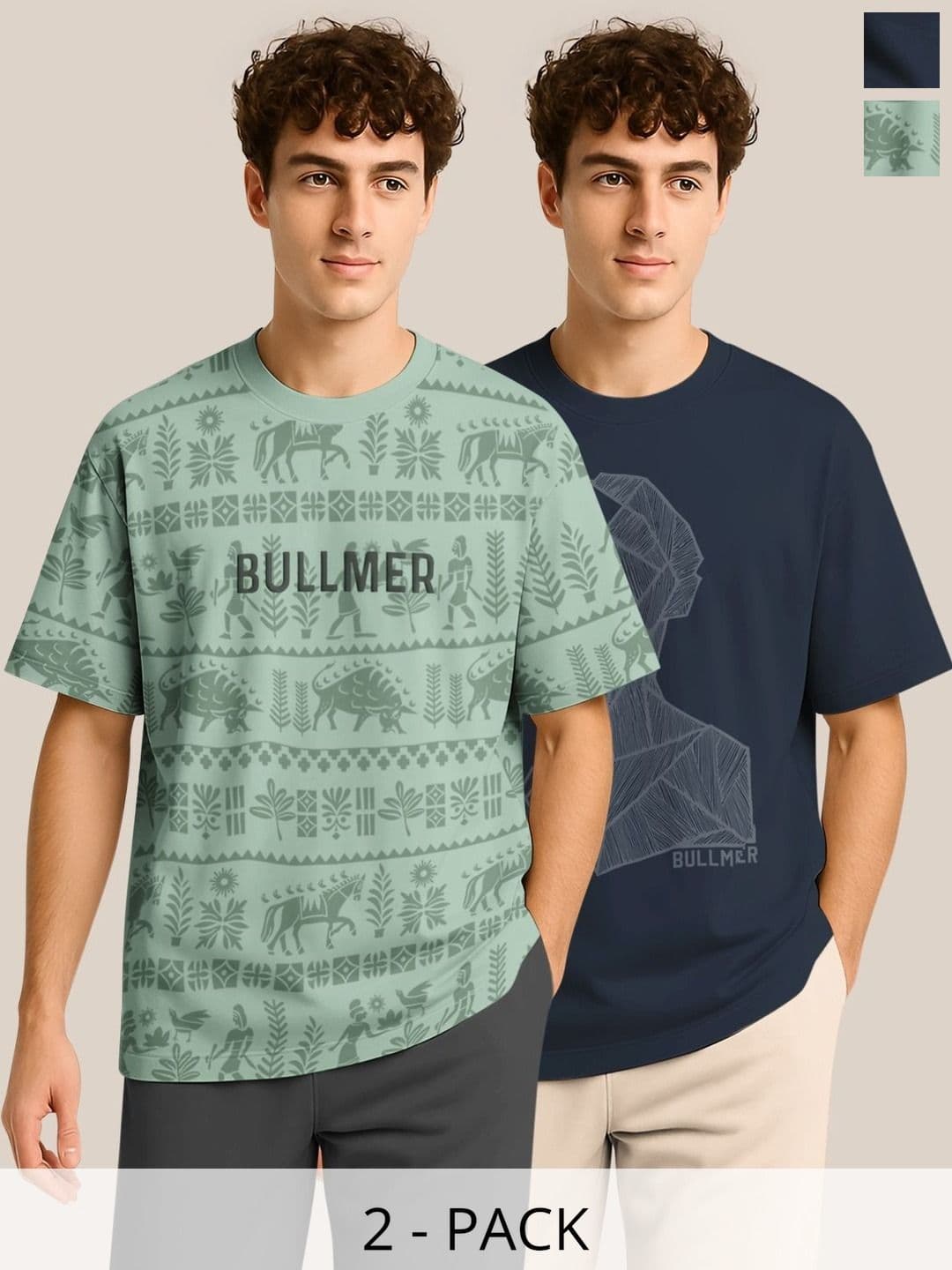 BULLMER Pack Of 2 Graphic Printed Crew Neck Drop Shoulder Oversized T-shirts - view 1