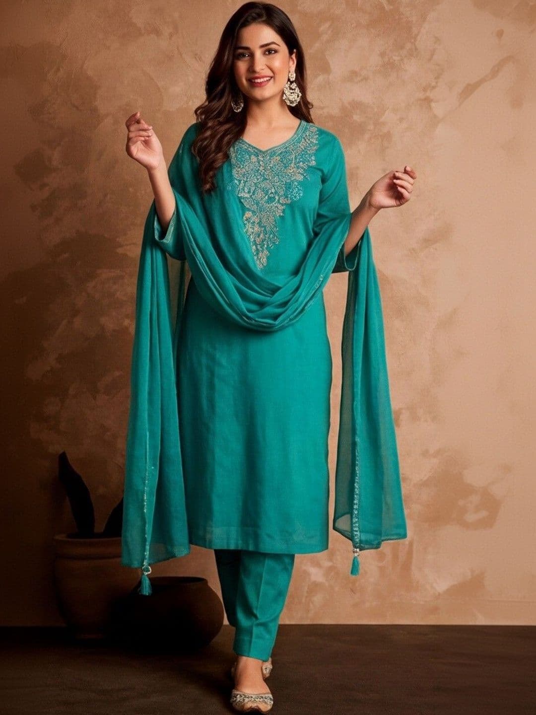 Anouk Women Ethnic Motifs Embroidered Regular Thread Work Pure Cotton Kurta with Trousers & With Dupatta - view 1
