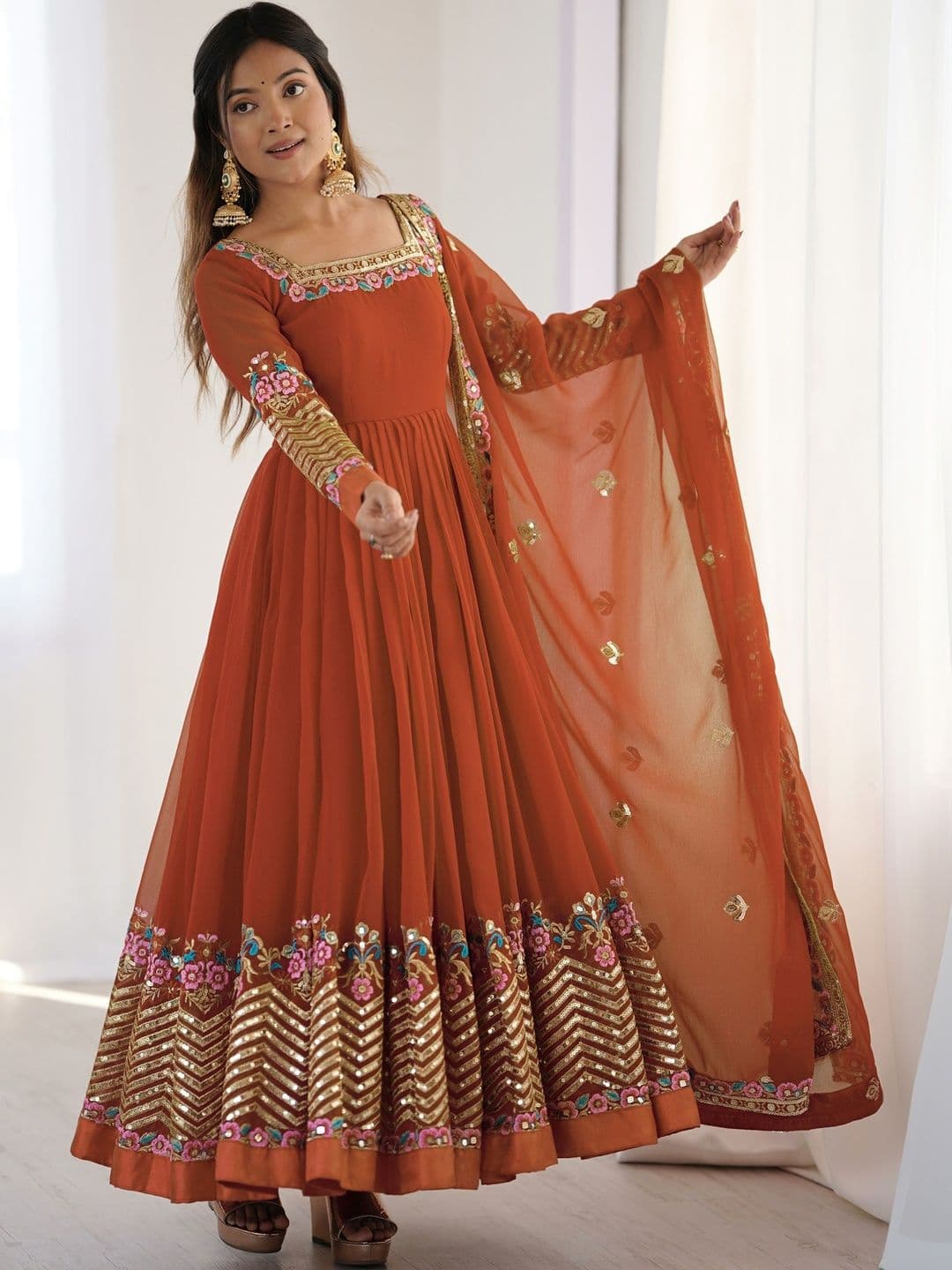 HERE&NOW Women Ethnic Motifs Embroidered Panelled Sequinned Kurta with Pyjamas & With Dupatta - view 1